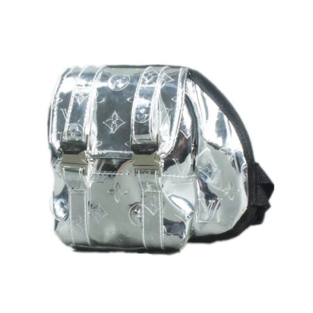 Clear PVC dog backpack with V monogram print and black straps on white background