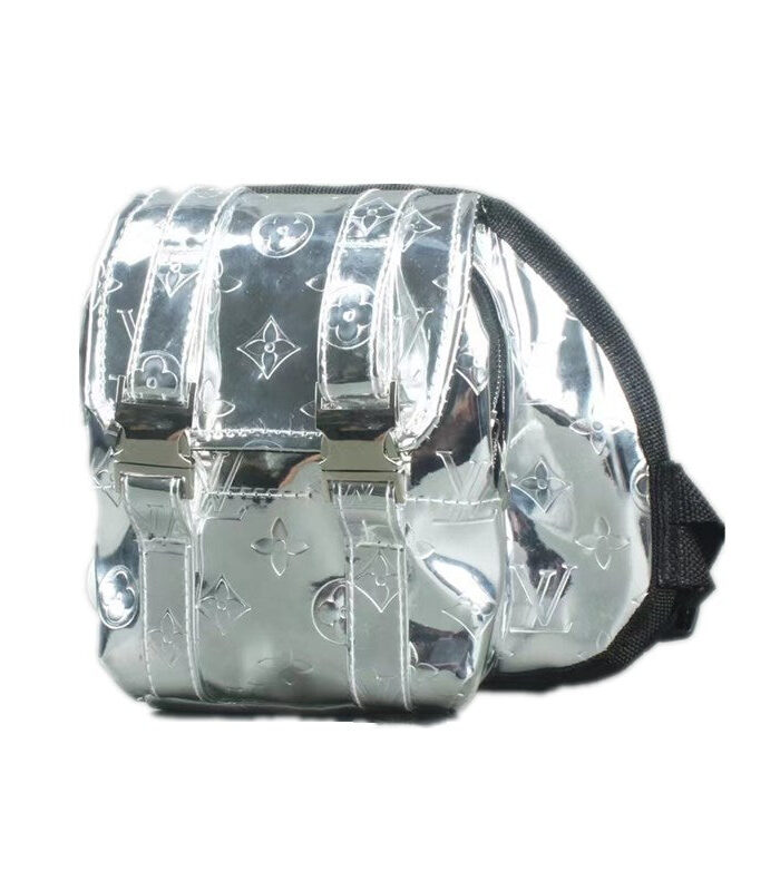 Clear PVC dog backpack with V monogram print and black straps on white background
