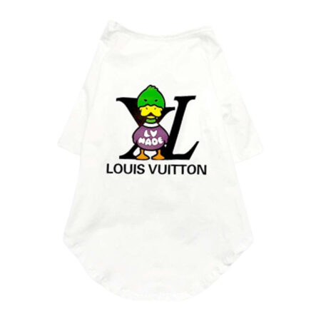White cotton dog tee with cartoon duck character Louis Vuitton inspired logo design