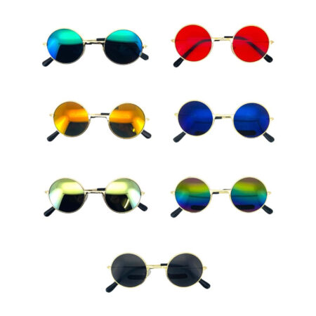 Colorful round dog sunglasses with mirror and tinted lenses in green-blue gradient, red, orange and blue