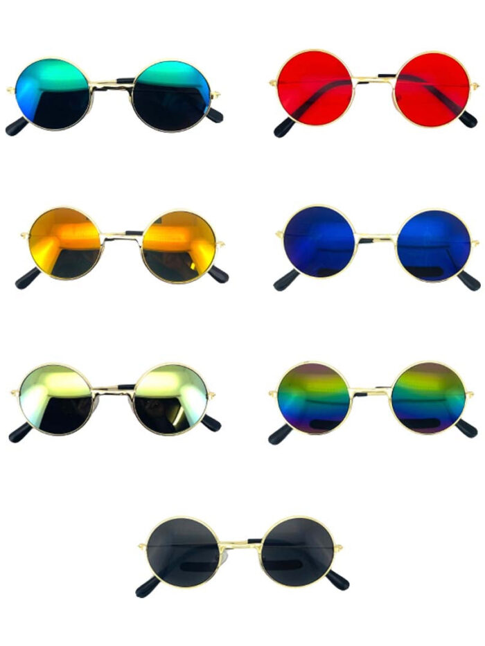 Colorful round dog sunglasses with mirror and tinted lenses in green-blue gradient, red, orange and blue