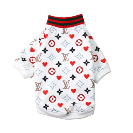 Back view white monogram bomber jacket with V logo and heart pattern for dogs