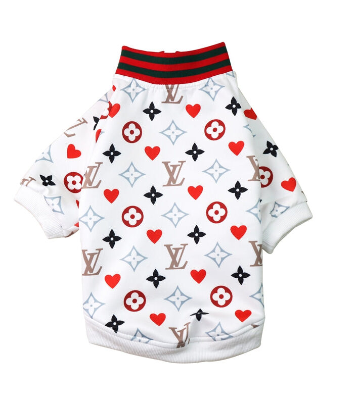 Back view white monogram bomber jacket with V logo and heart pattern for dogs
