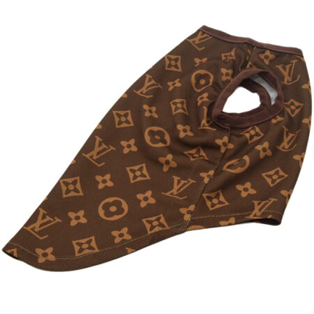 Brown dog tank top with monogram print shown from side angle Louis Vuitton style