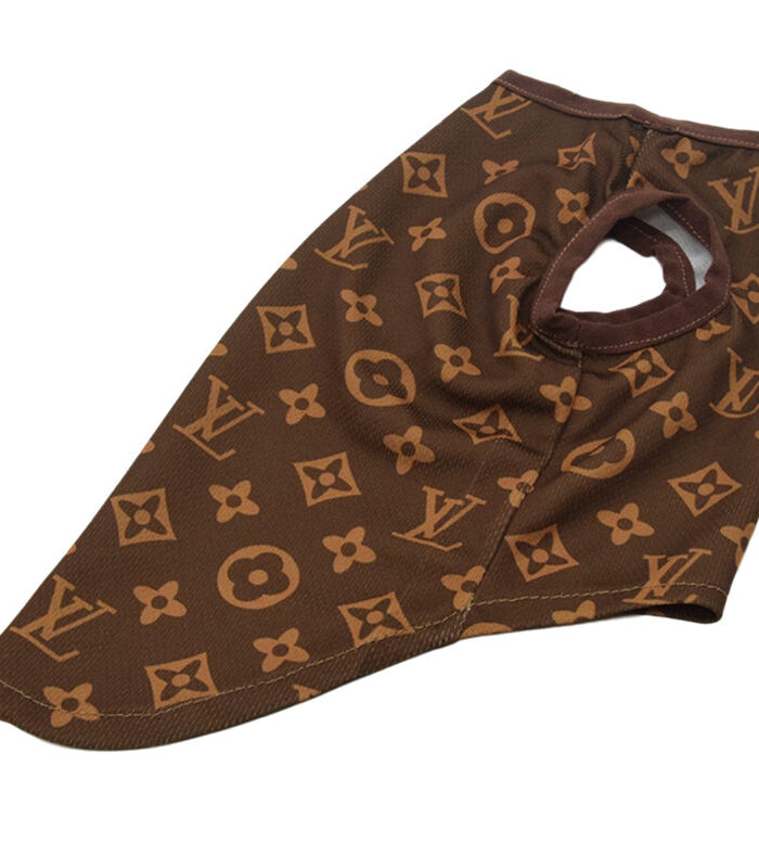 Brown dog tank top with monogram print shown from side angle Louis Vuitton style