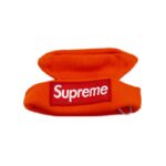 Orange knit dog beanie with red Supreme box logo streetwear style