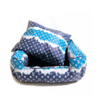 Blue watercolor monogram dog bed with navy to light blue gradient LV pattern
