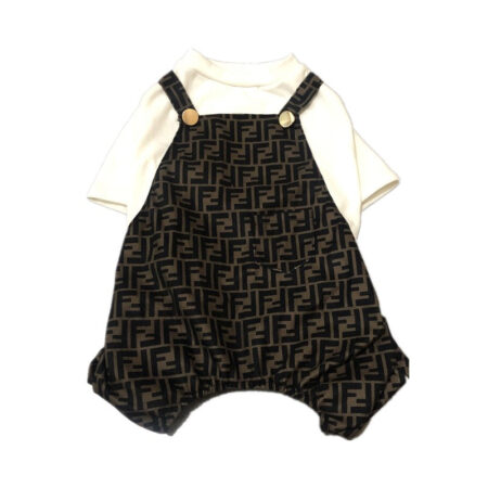 Brown FF monogram dog jumpsuit with white tee layered underneath Fendi style