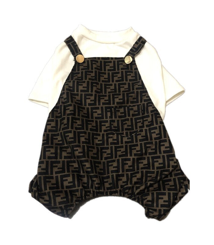 Brown FF monogram dog jumpsuit with white tee layered underneath Fendi style