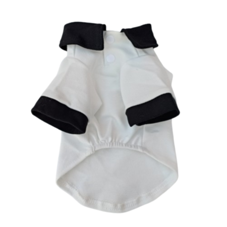 White dog polo shirt with black collar trim and contrast sleeves Chewnel style