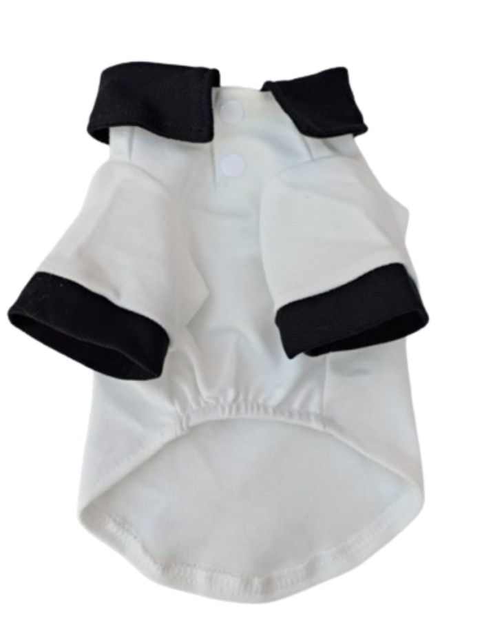 White dog polo shirt with black collar trim and contrast sleeves Chewnel style