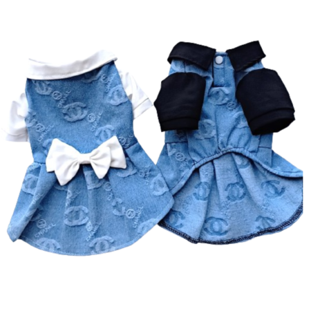 Blue monogram dog dress with black collar and bow tie Chanel style formal wear