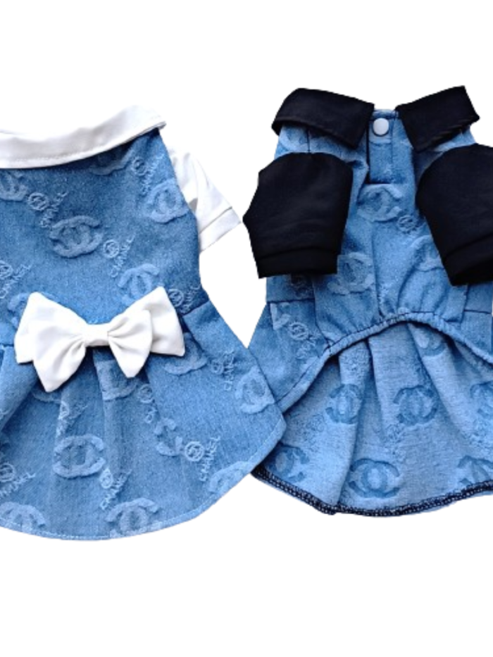 Blue monogram dog dress with black collar and bow tie Chanel style formal wear
