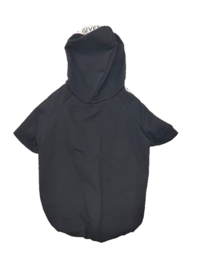 Black Givenchy inspired dog hoodie back view showing logo placement