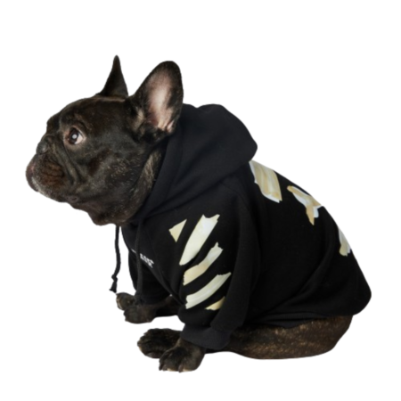 French bulldog wearing black Woof-White hoodie with crossbones back graphic and diagonal sleeve stripes