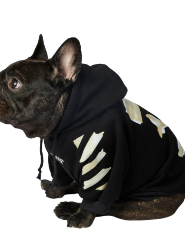 French bulldog wearing black Woof-White hoodie with crossbones back graphic and diagonal sleeve stripes