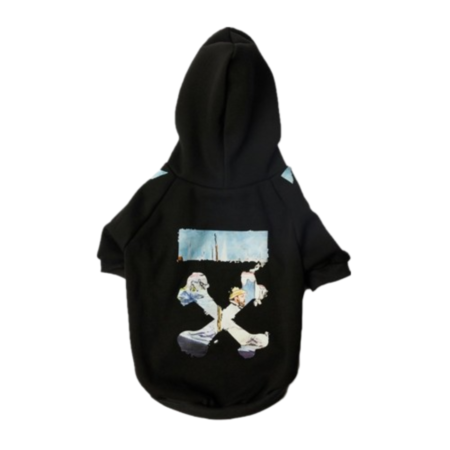 Black dog hoodie with artistic quote graphic on back featuring blue sky and mixed media design inspired by Off-White