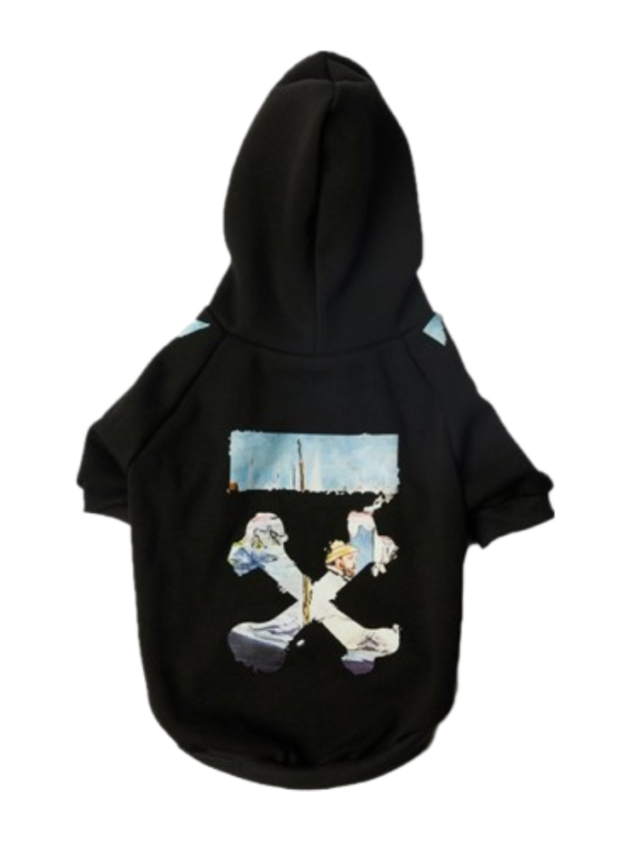 Black dog hoodie with artistic quote graphic on back featuring blue sky and mixed media design inspired by Off-White
