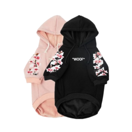 Pink and black dog hoodies with cherry blossom print and Off-White inspired crossed arrows design