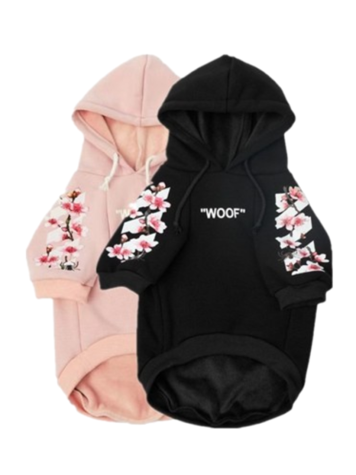Pink and black dog hoodies with cherry blossom print and Off-White inspired crossed arrows design