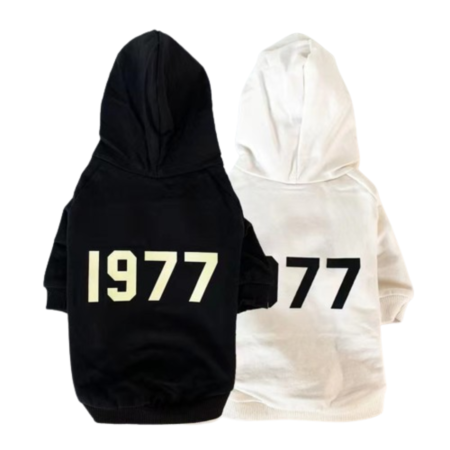Black and white Fear of Dog hoodies with 1977 graphics inspired by Fear of God Essentials