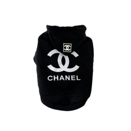White dog hoodie with black Chanel logo on chest classic design