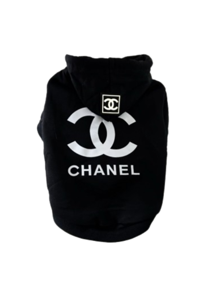 White dog hoodie with black Chanel logo on chest classic design