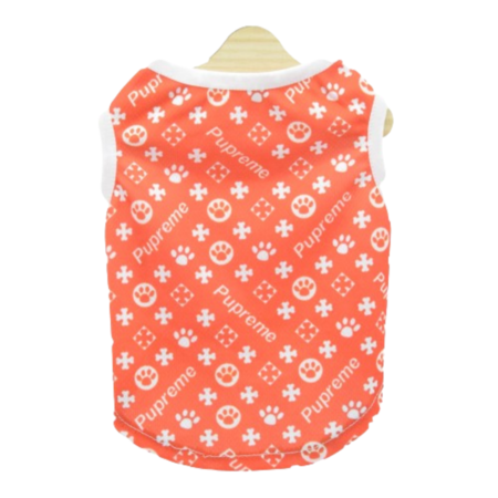 Red Pupreme monogram dog vest back view with all-over logo print Supreme style