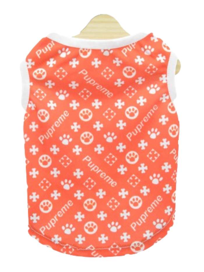 Red Pupreme monogram dog vest back view with all-over logo print Supreme style