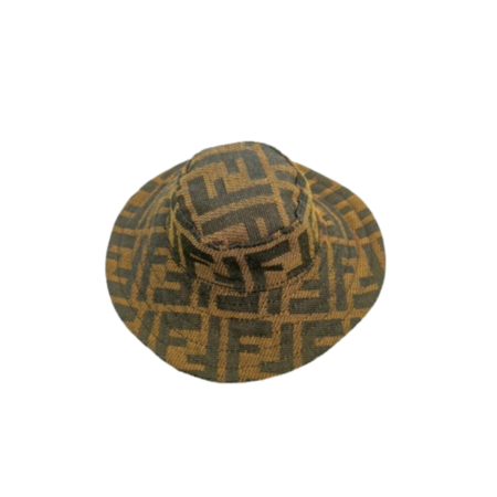 Brown FF monogram dog bucket hat Fendi style flat lay view
