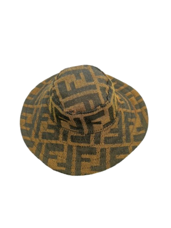 Brown FF monogram dog bucket hat Fendi style flat lay view