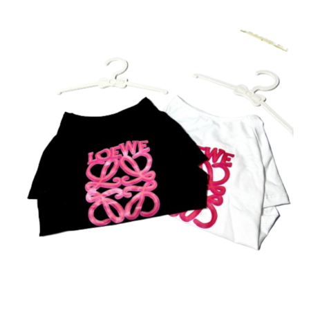 Pink logo script tee for dogs in black and white colorways on hangers