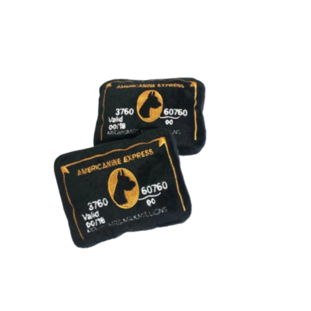 Black credit card shaped plush dog toy with gold Americanine Express text and dog logo