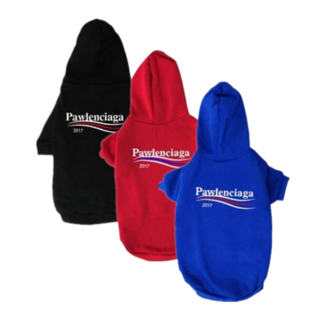 Three Pawlenciaga dog hoodies in black red and blue with 2017 logo Balenciaga inspired
