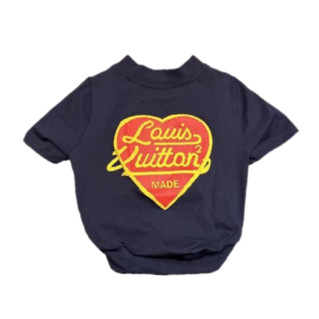 Navy blue dog tee with red and yellow heart logo Louis Vuitton inspired on white background