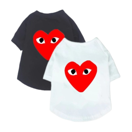 Black and white dog tees with red heart logo inspired by Comme des Garcons CDG