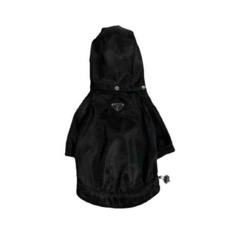 Black hooded dog windbreaker Prada inspired with triangle logo and snap closure