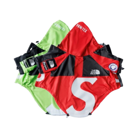 Red and green technical dog windbreakers Supreme x North Face style flat lay