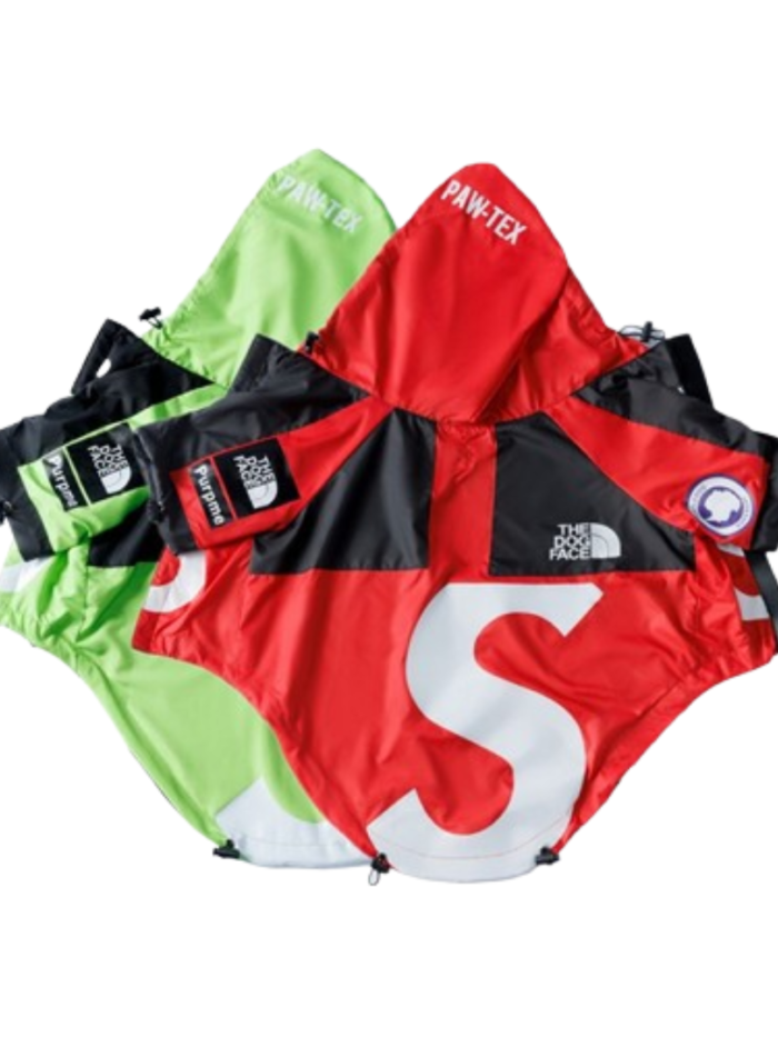 Red and green technical dog windbreakers Supreme x North Face style flat lay