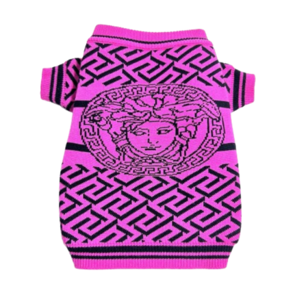 Pink geometric baroque dog sweater with medusa motif Versace inspired on white background