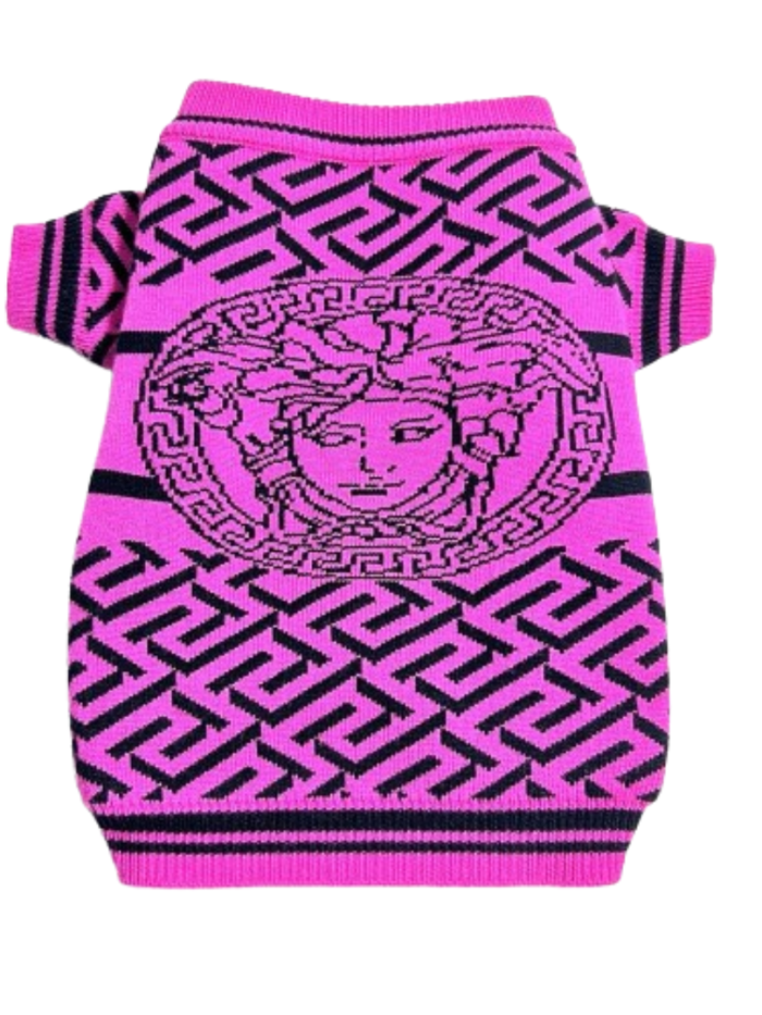Pink geometric baroque dog sweater with medusa motif Versace inspired on white background
