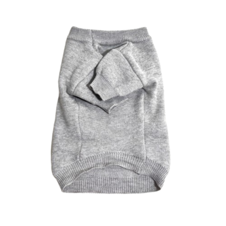 Gray dog sweater with ribbed collar shown from front angle