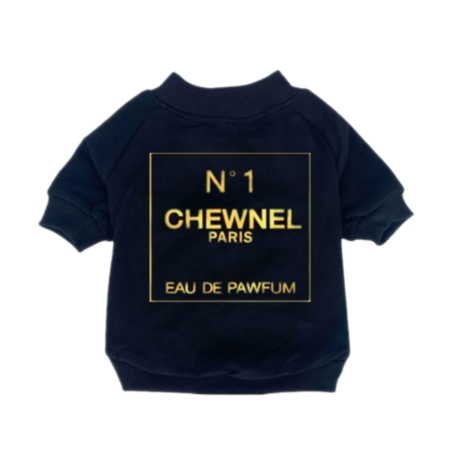 Navy blue Chewnel dog tee with gold N°1 CHEWNEL PARIS EAU DE PAWFUM text on cotton fabric