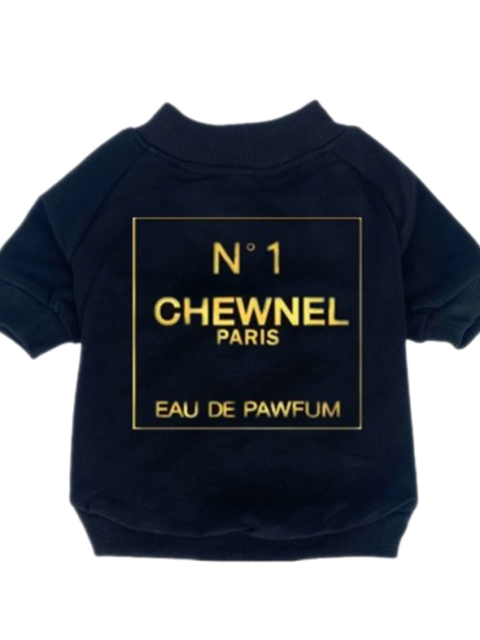 Navy blue Chewnel dog tee with gold N°1 CHEWNEL PARIS EAU DE PAWFUM text on cotton fabric