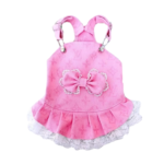 Pink monogram dog dress with bow accent and pleated skirt with lace trim
