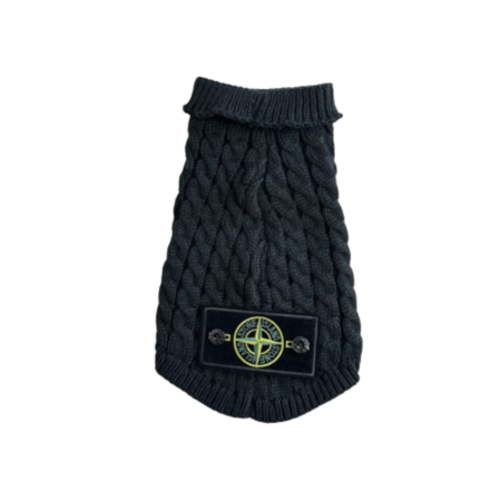 Navy cable knit dog sweater Stone Island inspired with compass logo and ribbed collar