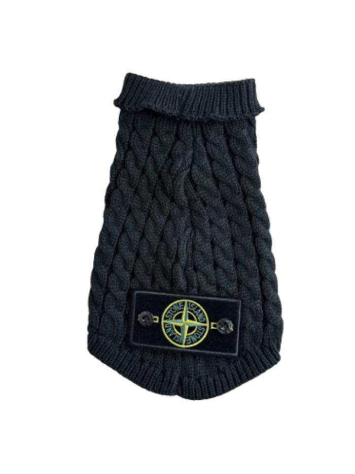 Navy cable knit dog sweater Stone Island inspired with compass logo and ribbed collar