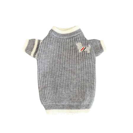 Gray ribbed knit dog sweater with white collar trim and preppy stripe detail Thom Browne inspired
