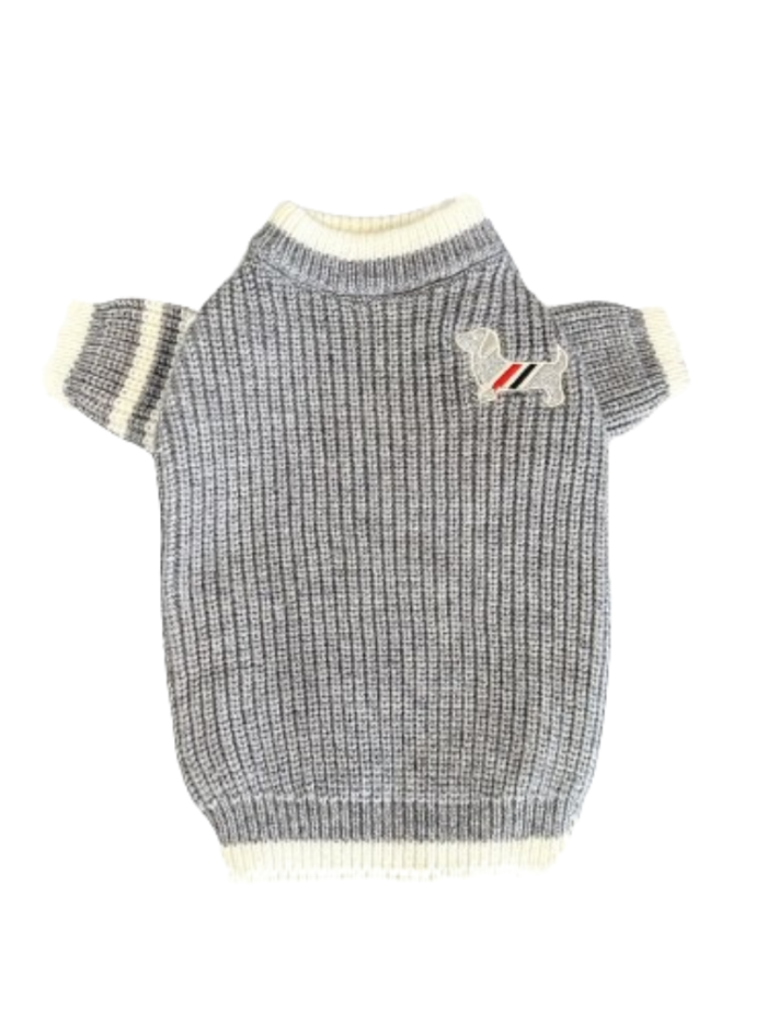 Gray ribbed knit dog sweater with white collar trim and preppy stripe detail Thom Browne inspired