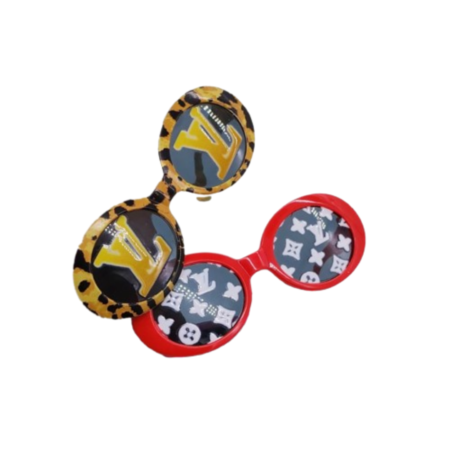 Leopard print and red dog sunglasses with Louis Vuitton inspired V monogram on lenses